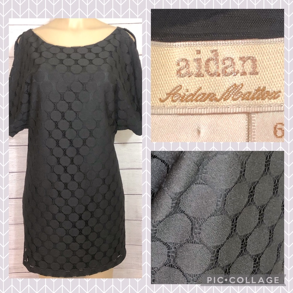 Aidan Mattox Black Circle Lace Shift Dress Split Shoulder Size 6